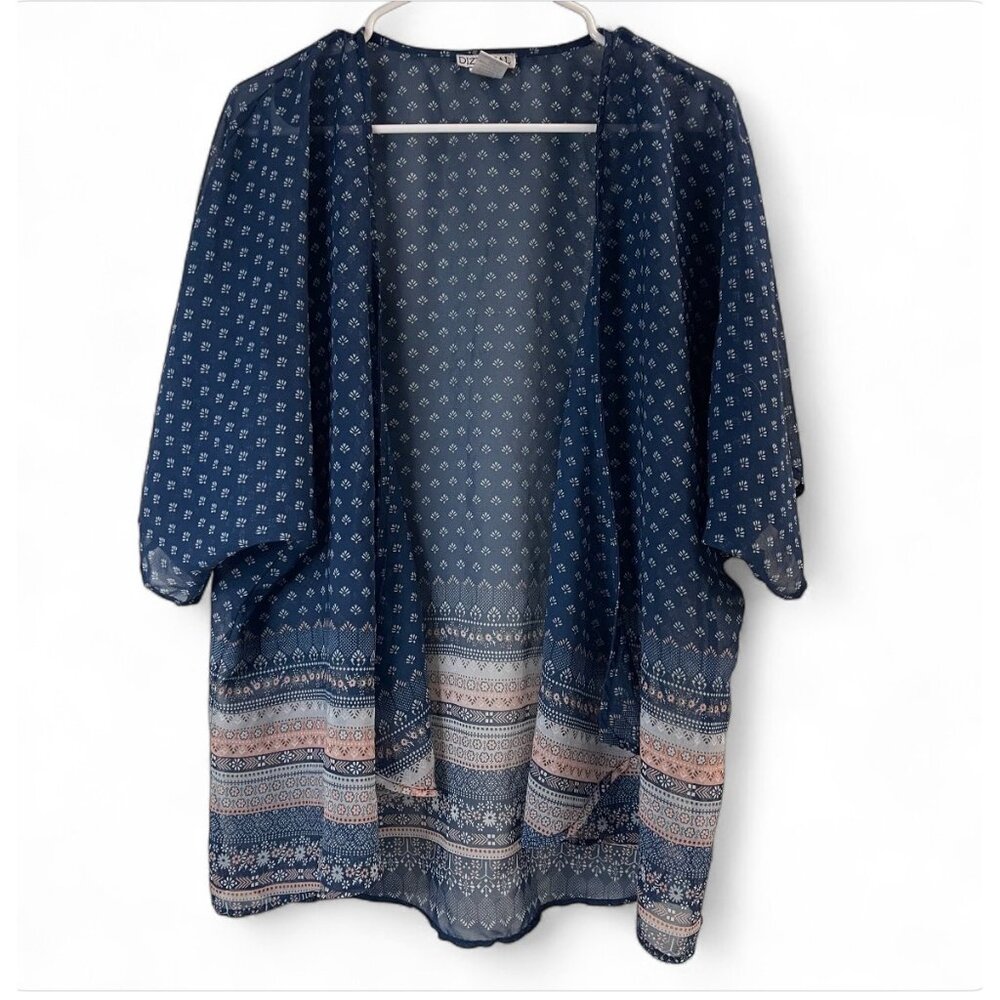 Dizzy Gal Navy Sheer Open Front Kimono Cardigan L Boho Print Women's Lightweight